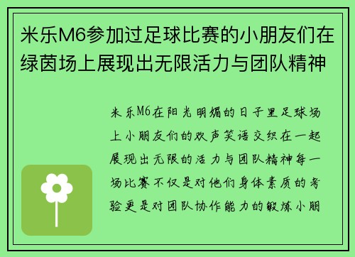 米乐M6参加过足球比赛的小朋友们在绿茵场上展现出无限活力与团队精神